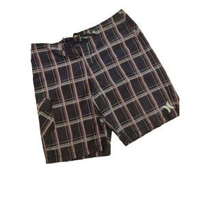 Mens Navy Blue Red White Plaid Hurley Drawstring Checker Stripe Dry Fit Cargo Sh